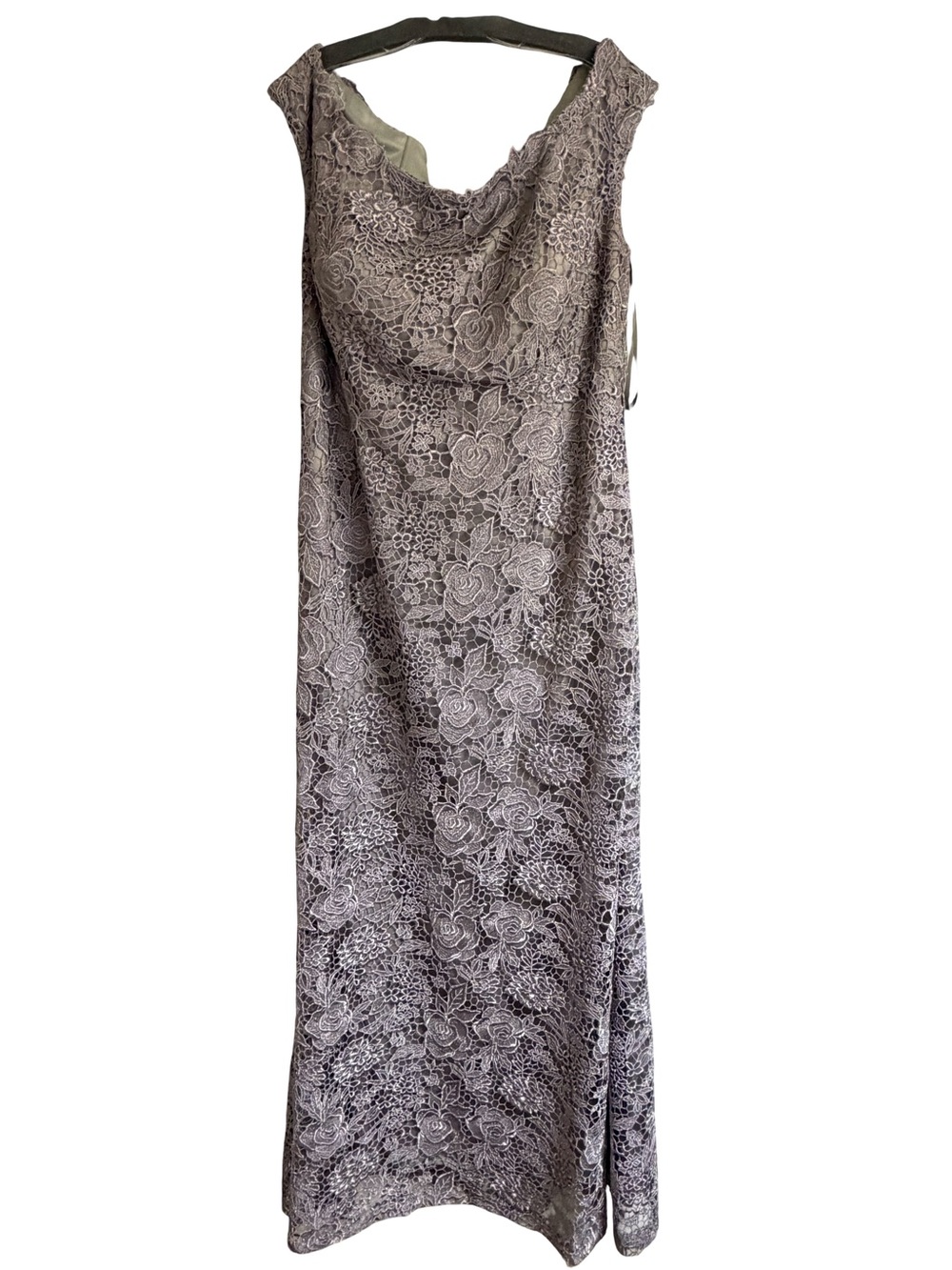 La Femme Taupe Lace Cowl Neck Maxi Dress